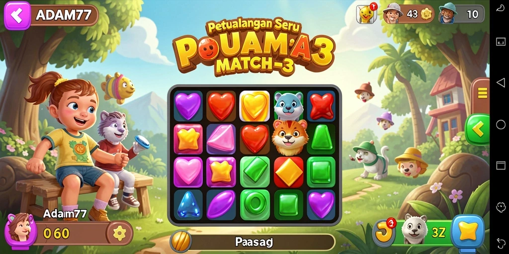 Tangkapan layar gameplay ADAM77 menampilkan berbagai permata yang berkilau di papan permainan.
