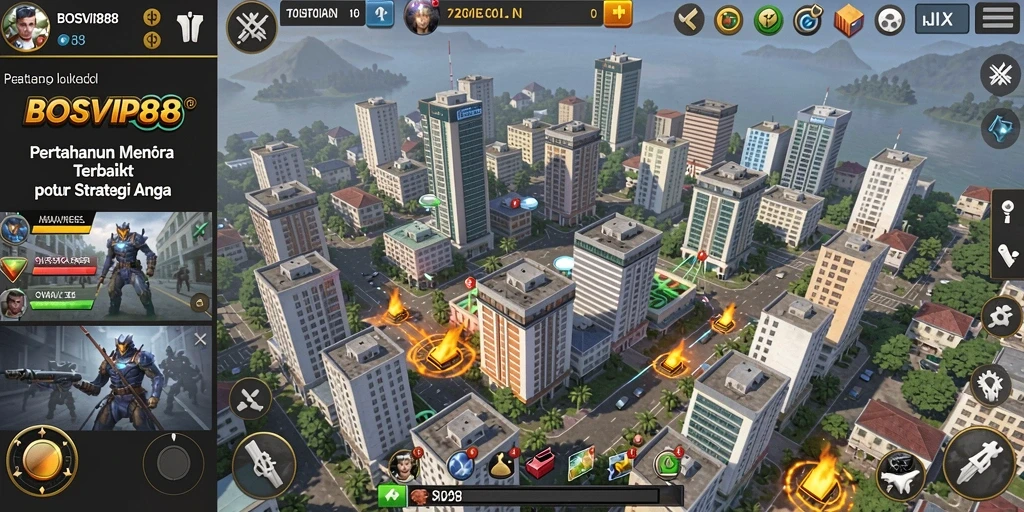 Screenshot gameplay Tower Defense yang menampilkan menara dan serangan musuh.