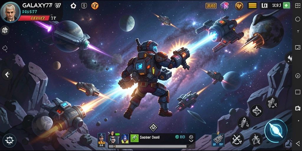 Skrinsut gameplay GALAXY77 yang menampilkan pertempuran luar angkasa yang intens.
