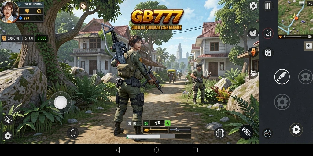 Screenshot utama gameplay GB777 menunjukkan karakter dalam simulasi kehidupan sehari-hari.