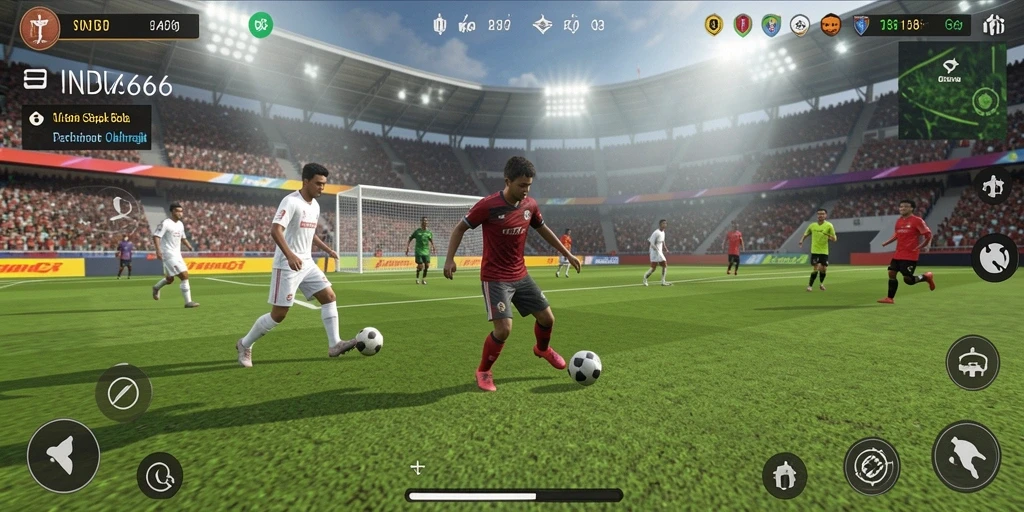 Tampilan gameplay realistis dengan aksi pertandingan sepak bola.