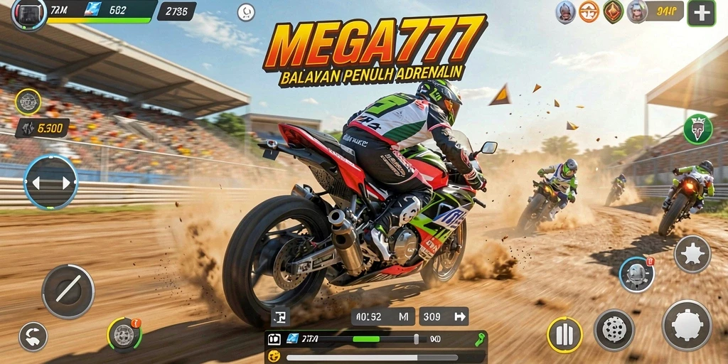 Screenshot gameplay MEGA777 yang menampilkan aksi balapan motor mendebarkan.