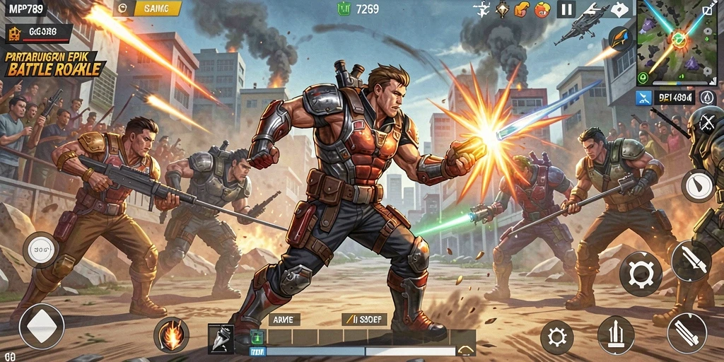 Screenshot utama MVP789 menampilkan aksi mendebarkan dalam permainan Battle Royale.