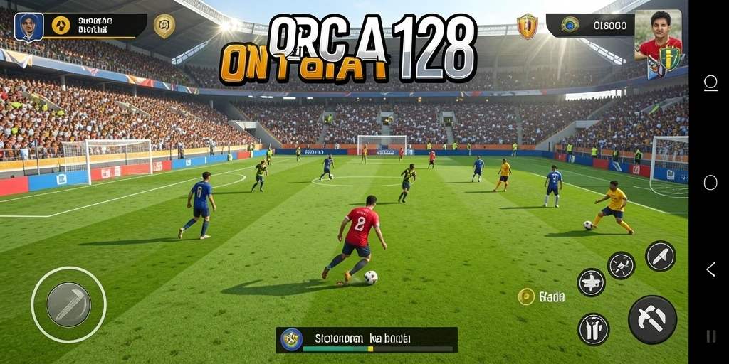Screenshot gameplay ORCA128 yang menampilkan aksi seru sepak bola.