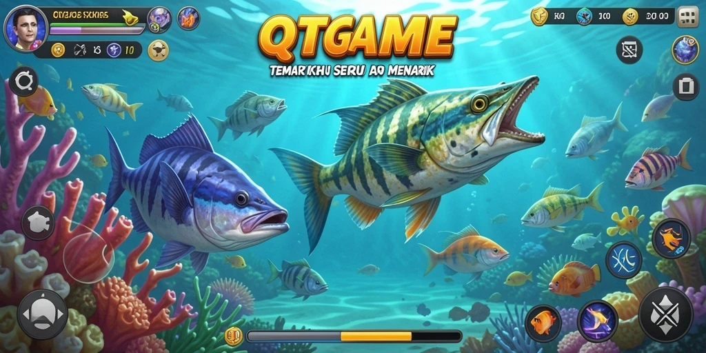 Tampilan screenshot gameplay QTGAME yang menampilkan aksi menembak ikan.