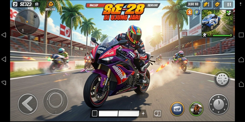 Tampilan gameplay SE328 yang menegangkan dan realistis dalam balapan motor.